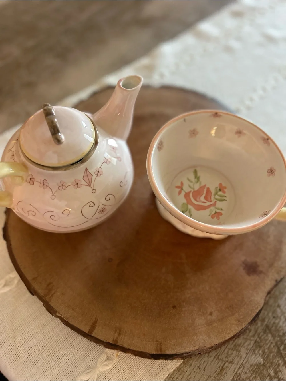 Vintage Fairy Pink Floral Porcelain Teapot and Cup Set With Handmade Design